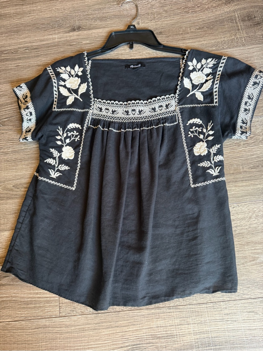 Madewell Black Embroidered Square-Neck Blouse with Cream Floral Detail
